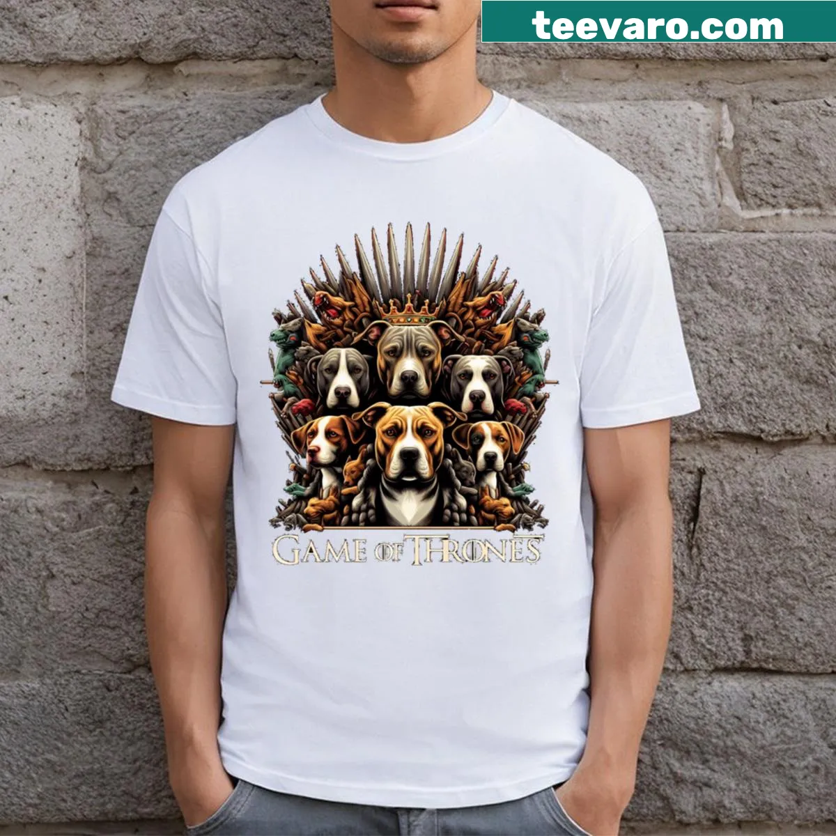 Whimsical illustration of pitbulls in armor inspired by Game of Thrones. — on a men's t-shirt