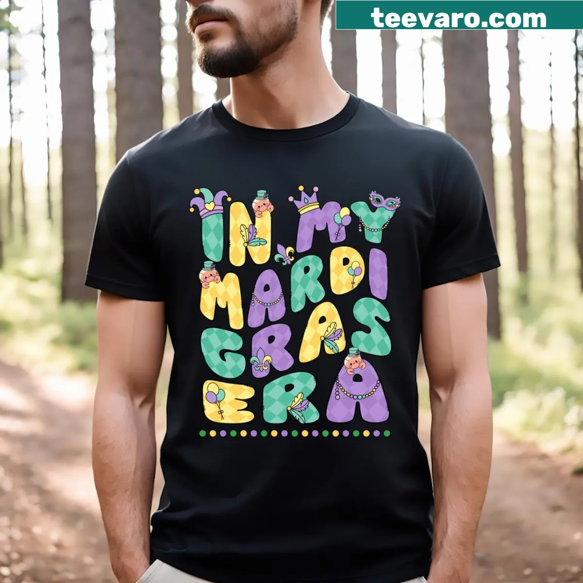 Festive Mardi Gras-themed t-shirt for kids and adults — on a men's t-shirt
