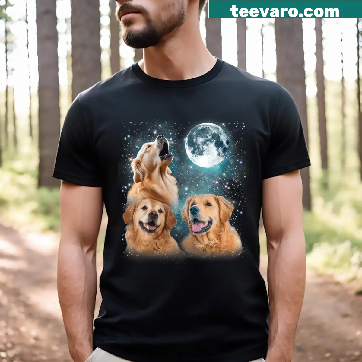 Funny t-shirt with three golden retrievers howling at the moon — on a men's t-shirt