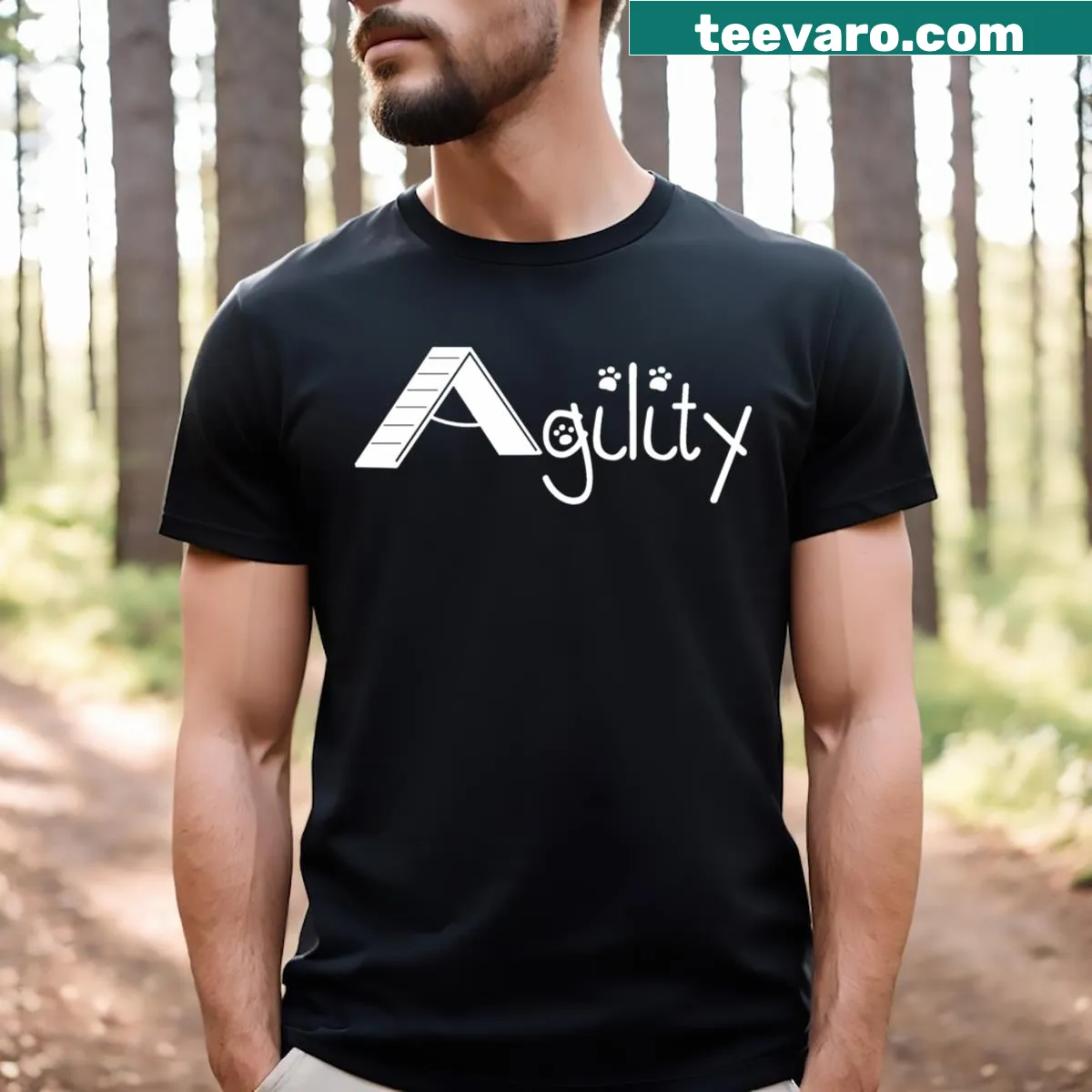 Graphic T-shirt celebrating dog agility sports with dynamic typography — on a men's t-shirt
