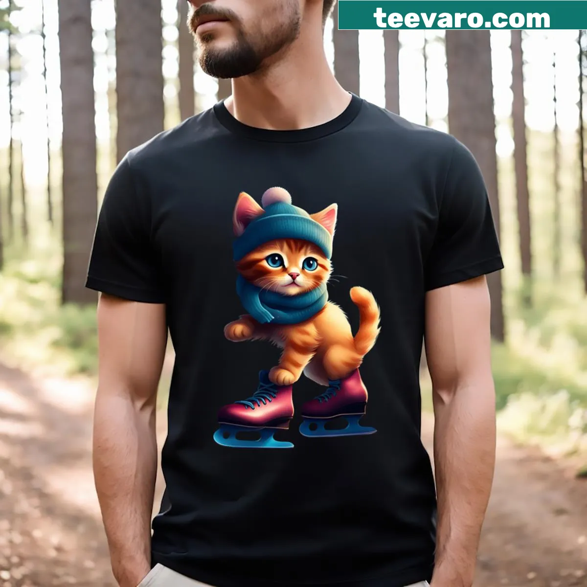 Illustration of a kitten ice skater on a T-shirt — on a men's t-shirt