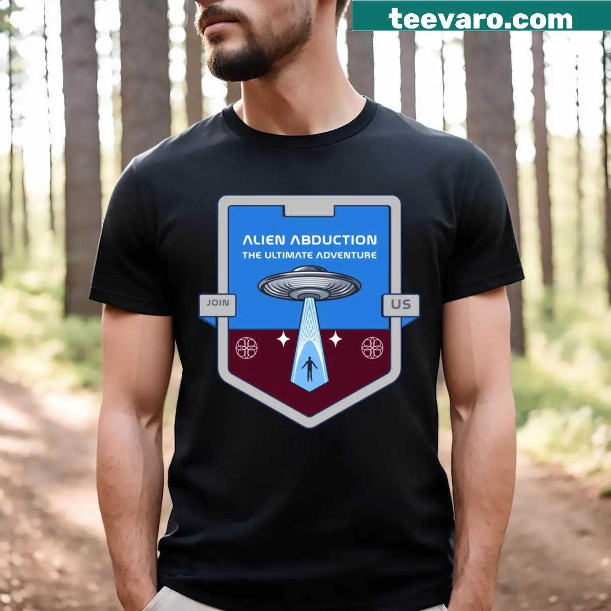 Fun alien abduction t-shirt with a whimsical UFO illustration — on a men's t-shirt
