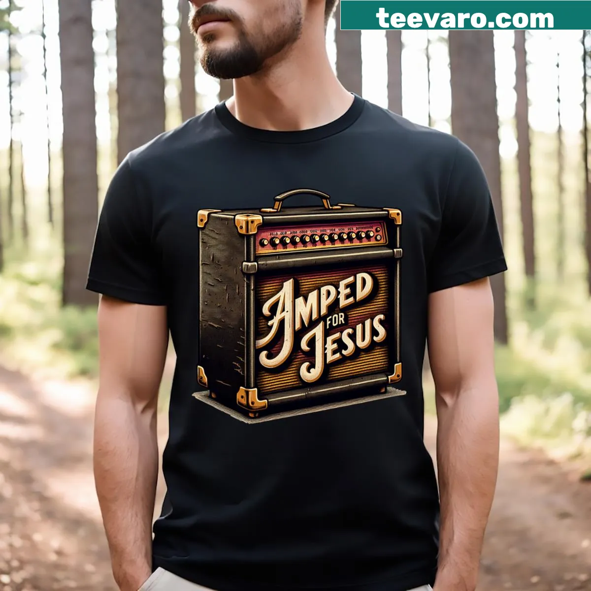 Inspirational T-shirt with 'Amped For Jesus' text design — on a men's t-shirt