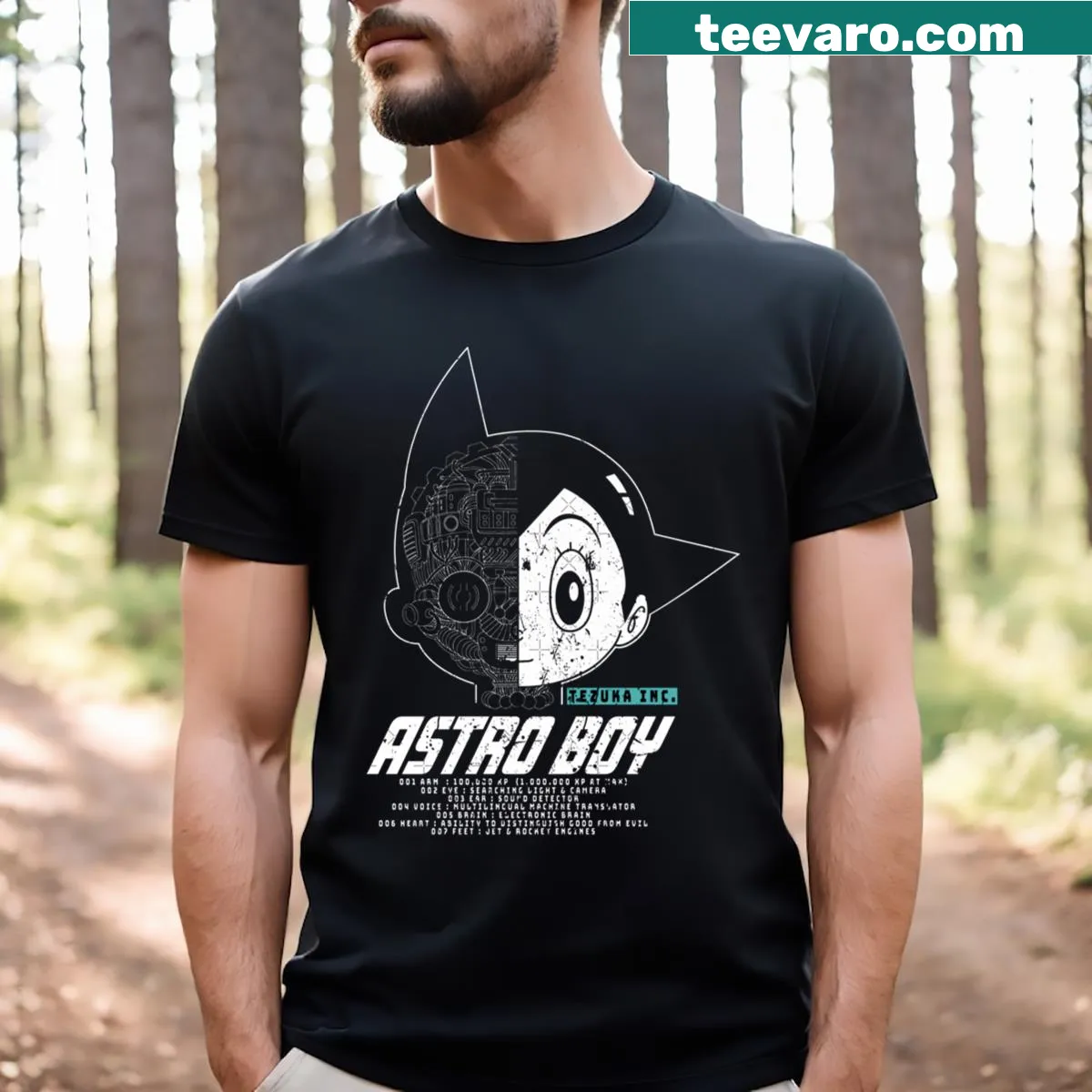 Vintage T-shirt featuring Astro Boy design and tech specs — on a men's t-shirt