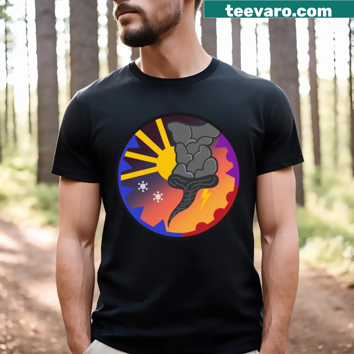 Atmospheric Science Club logo t-shirt featuring a sunset design — on a men's t-shirt