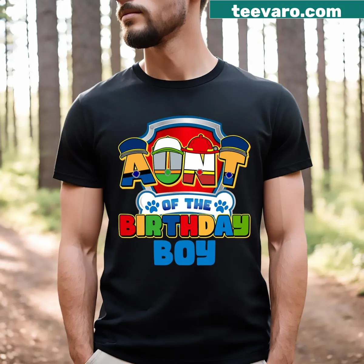 Cute Aunt Of The Birthday Boy t-shirt with dog paw design — on a men's t-shirt