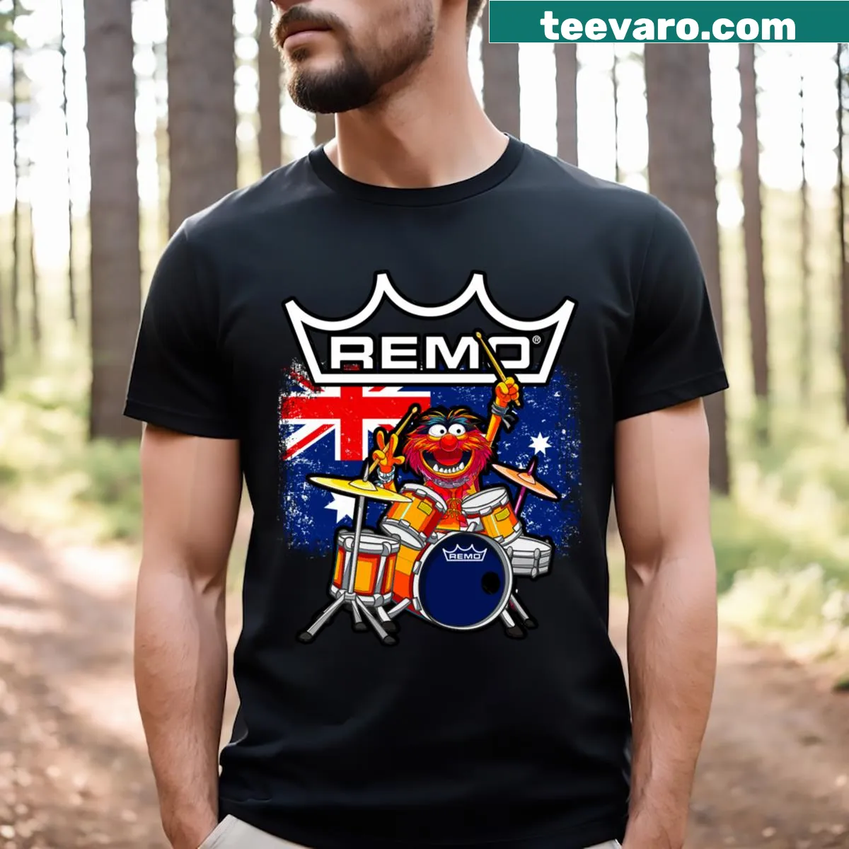 Cartoon-style T-shirt with Australian animals as drummers — on a men's t-shirt