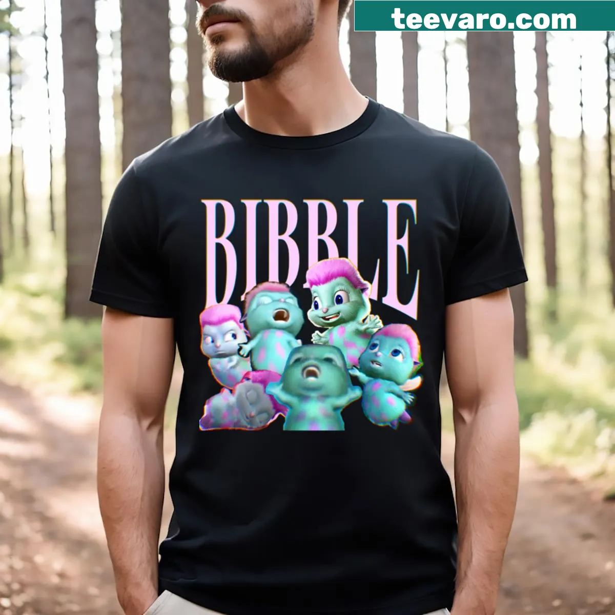 Bibble shirt with a playful hand-lettered collage logo — on a men's t-shirt