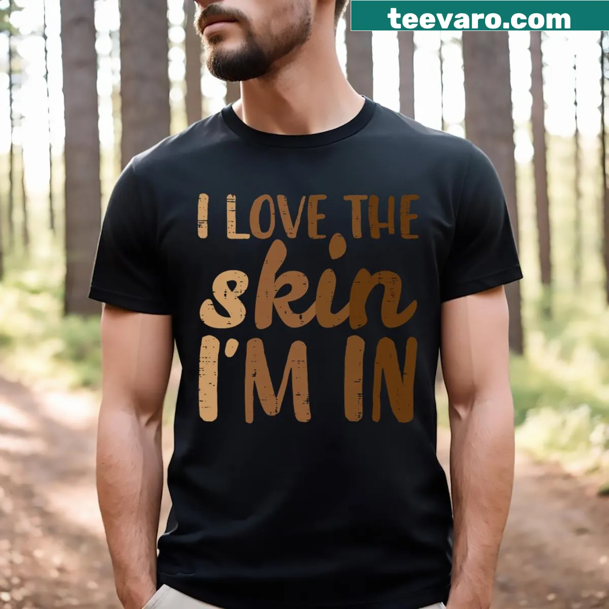 T-shirt with the phrase 'Love the Skin I'm In' promoting African pride. — on a men's t-shirt