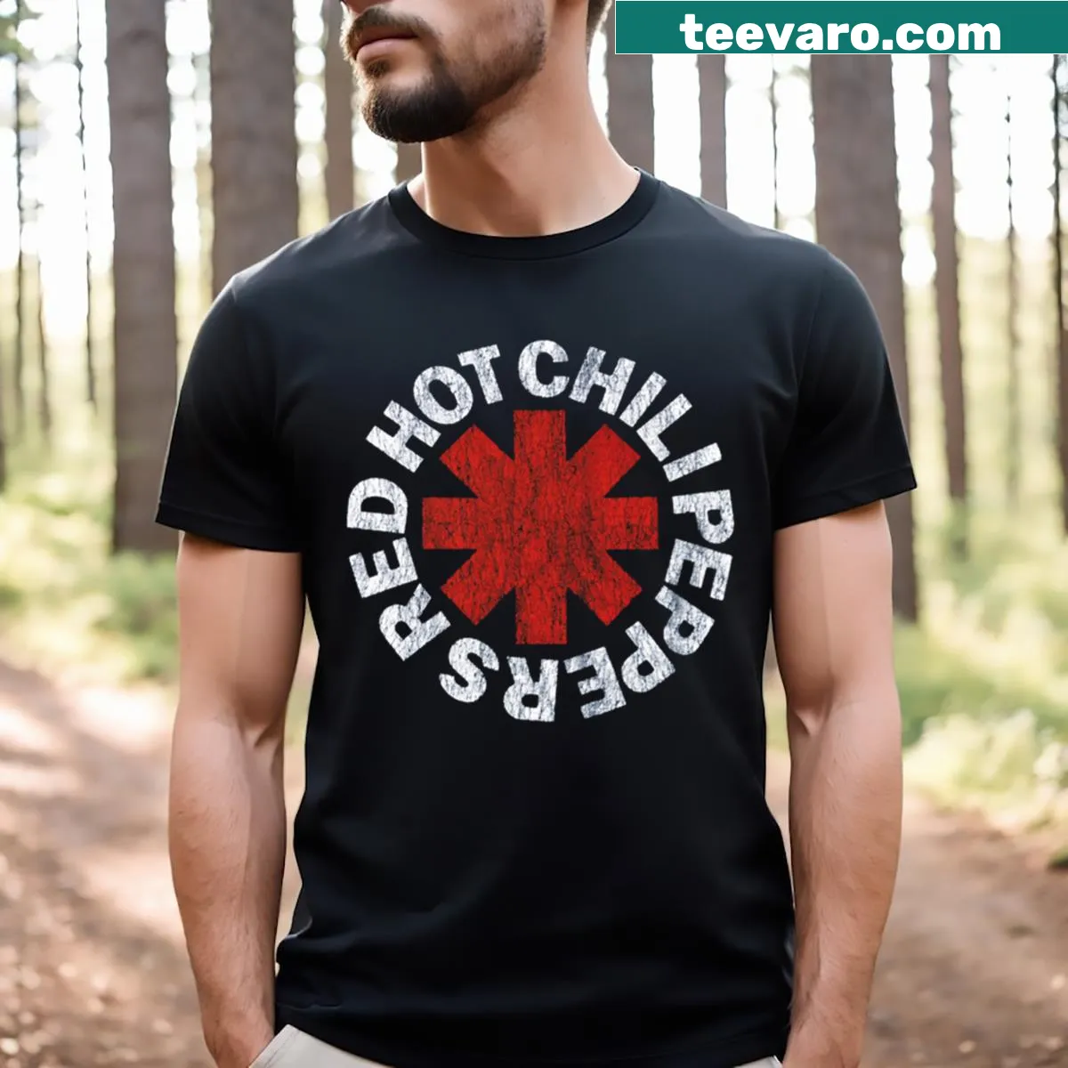 Rock band graphic T-shirt featuring Black Hot Peppers — on a men's t-shirt