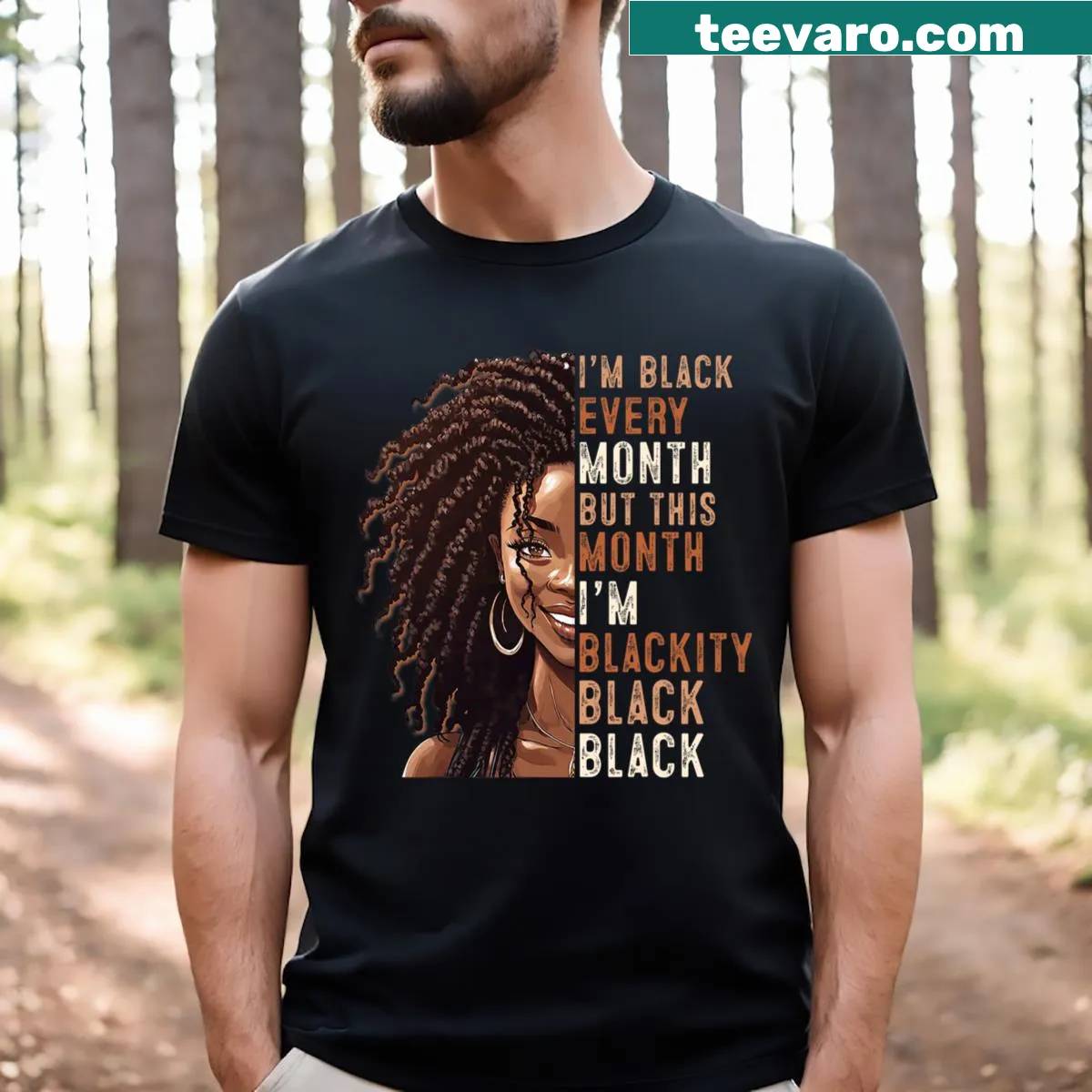 T-shirt for girls with the phrase Blackity Black Every Month in colorful design — on a men's t-shirt
