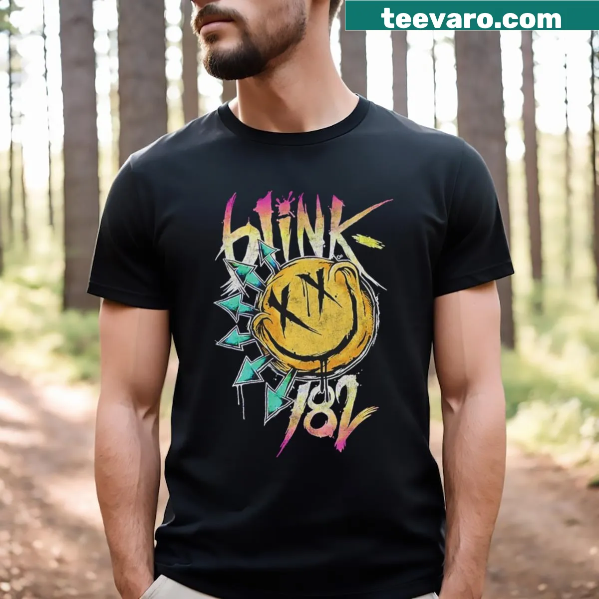 Graphic t-shirt featuring Blink 182 band design — on a men's t-shirt