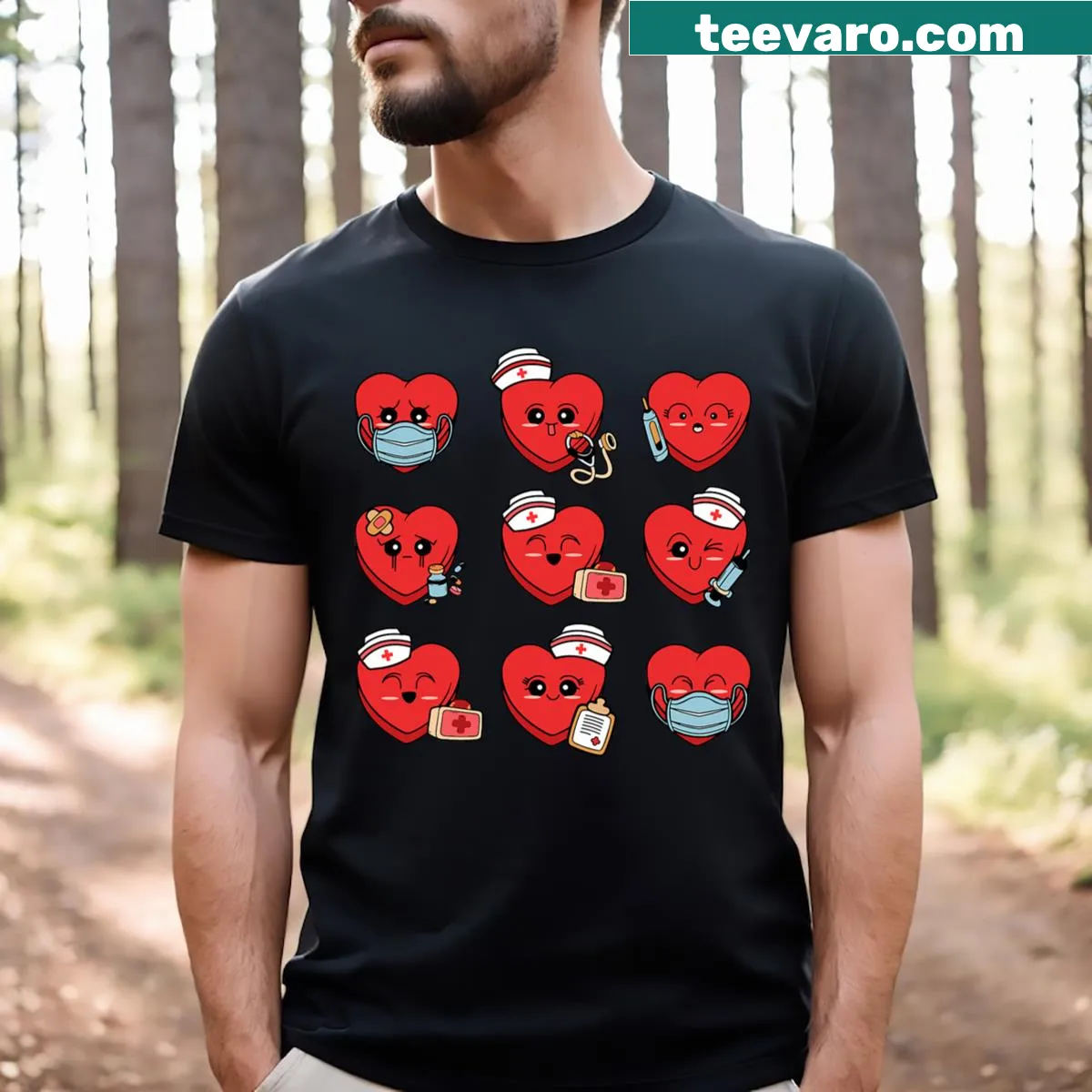 Cute T-shirt with candy hearts graphic for nurses celebrating Valentine's Day — on a men's t-shirt