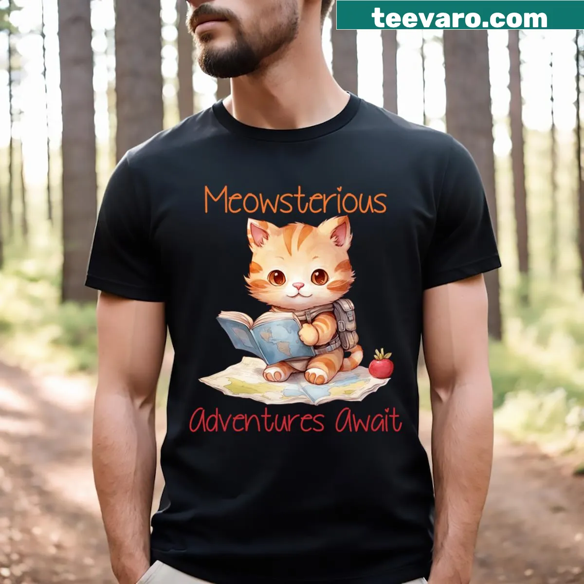 Illustration of a cat napping beside books on a t-shirt — on a men's t-shirt