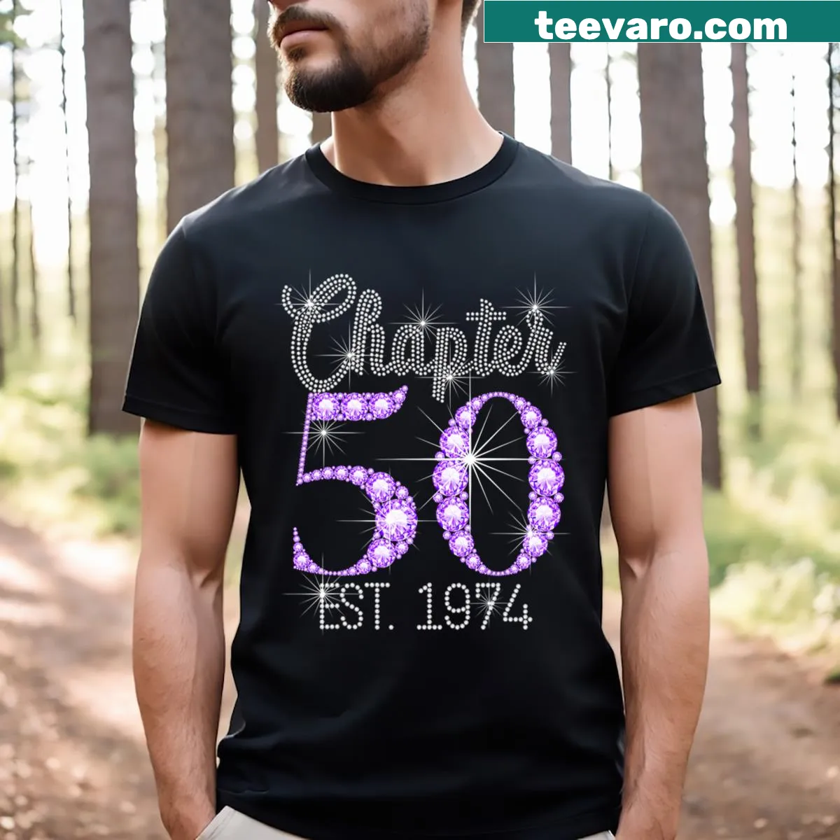 50th birthday t-shirt with 'Chapter 50 Est 1974' text design — on a men's t-shirt