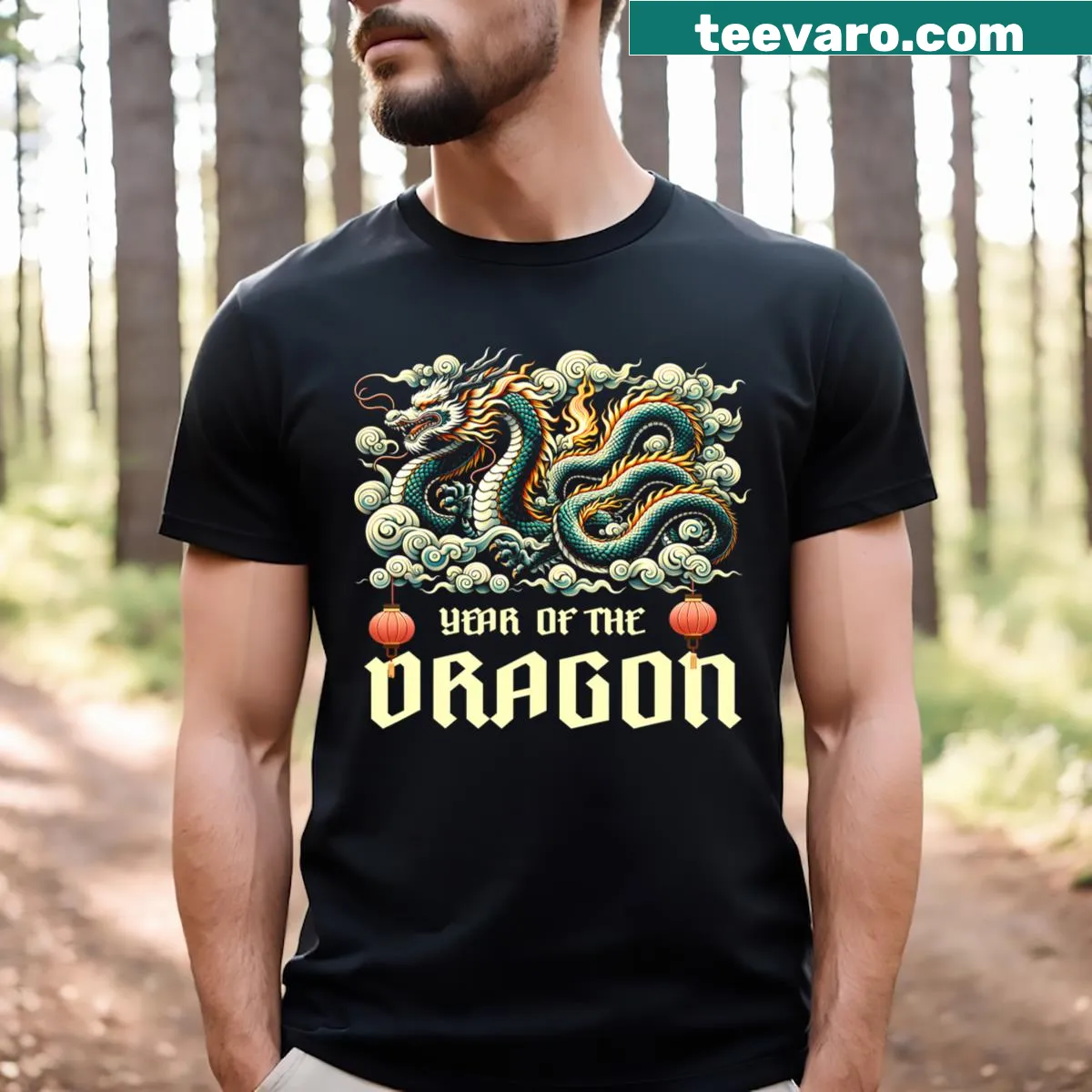 T-shirt celebrating Chinese Lunar New Year 2024 Year of the Dragon — on a men's t-shirt