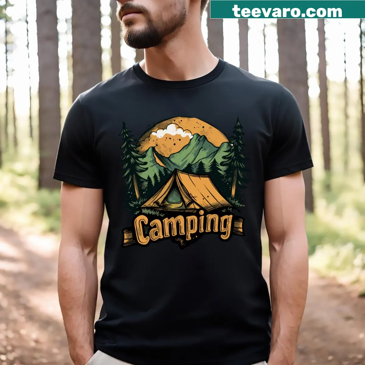 Camping-themed logo T-shirt celebrating outdoor adventures. — on a men's t-shirt
