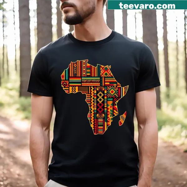 T-shirt with an Africa map design featuring Kente patterns