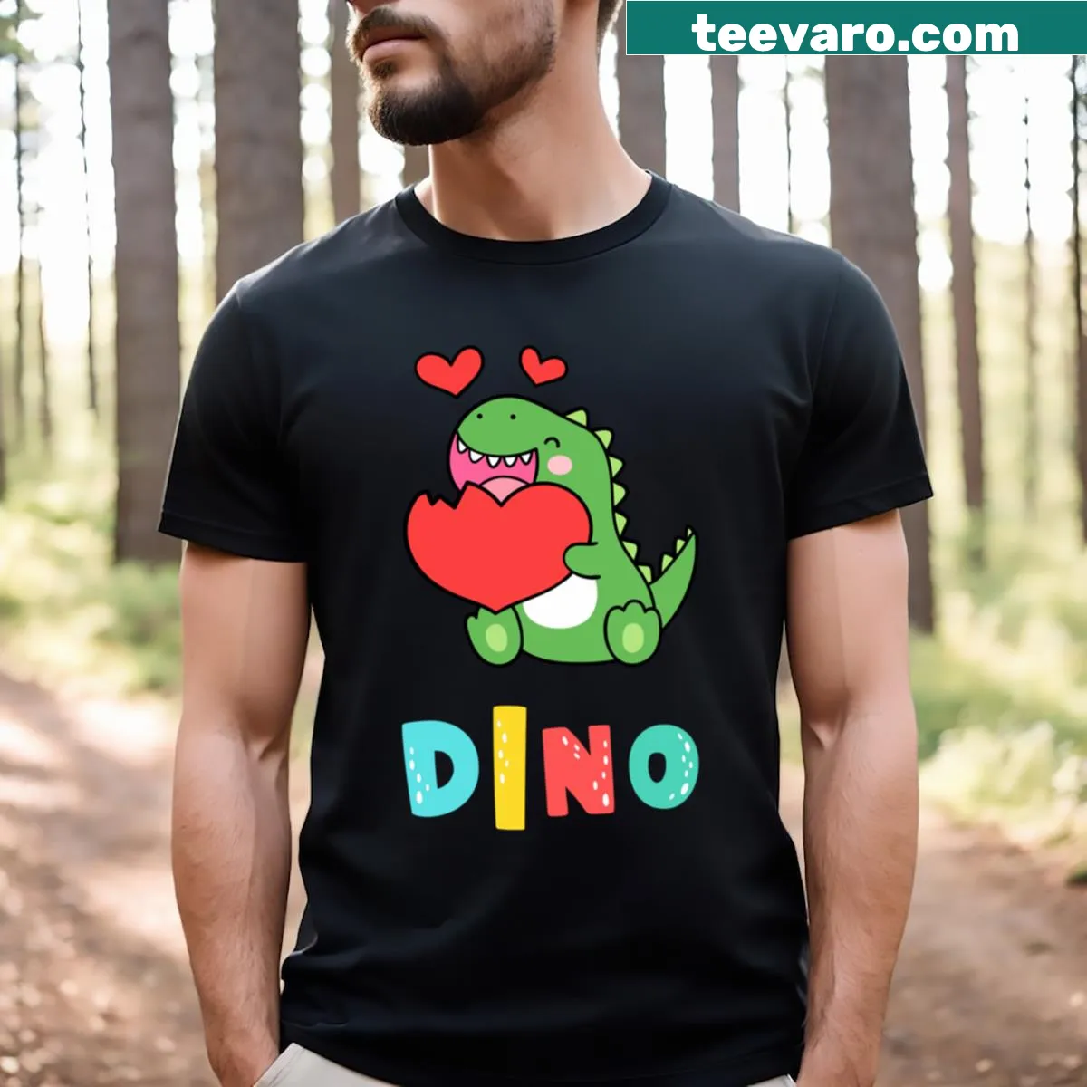 Adorable T-shirt featuring a cute cartoon dinosaur — on a men's t-shirt