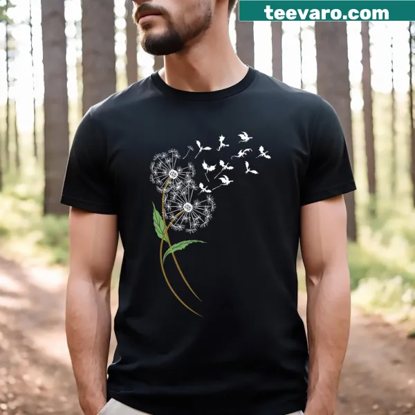 Dragon and dandelion illustration on a fantasy-themed T-shirt for men