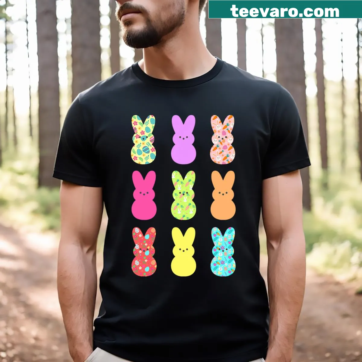 Cute Easter Day t-shirt with bunny and flower illustration — on a men's t-shirt