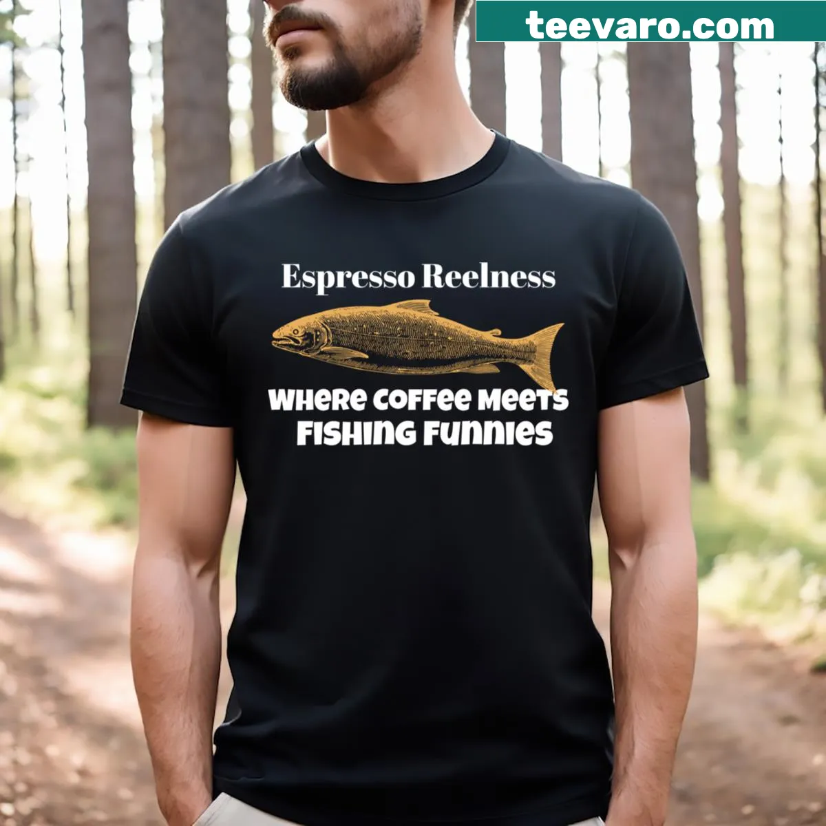Illustrative T-shirt with a humorous coffee and fishing design. — on a men's t-shirt