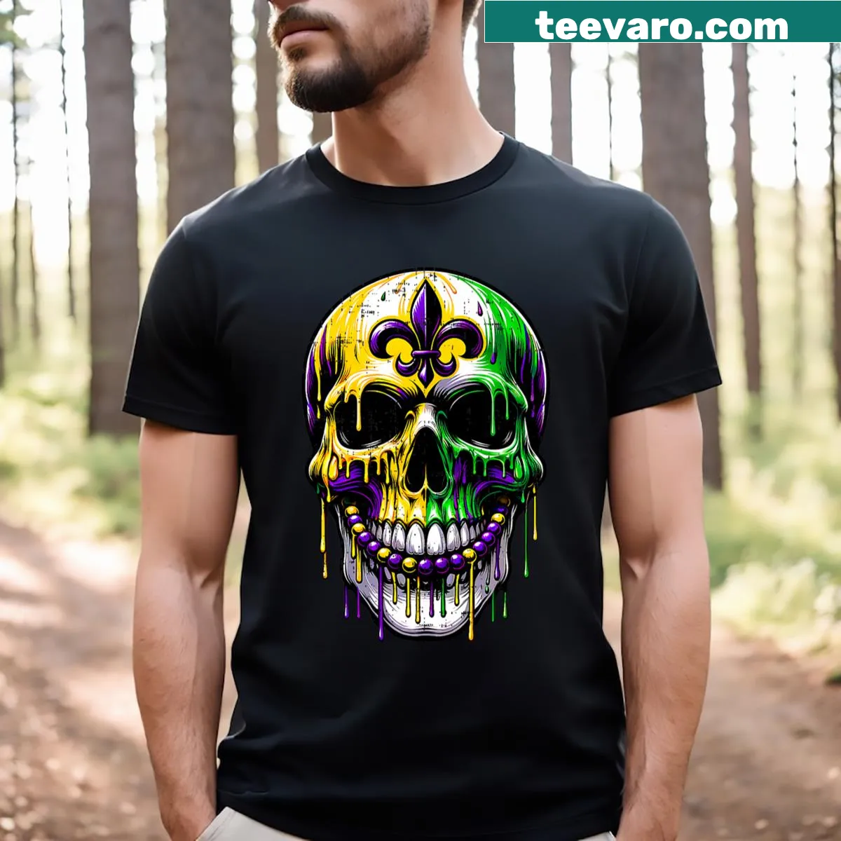 Cute skulls and fleur-de-lis design on a Mardi Gras t-shirt — on a men's t-shirt