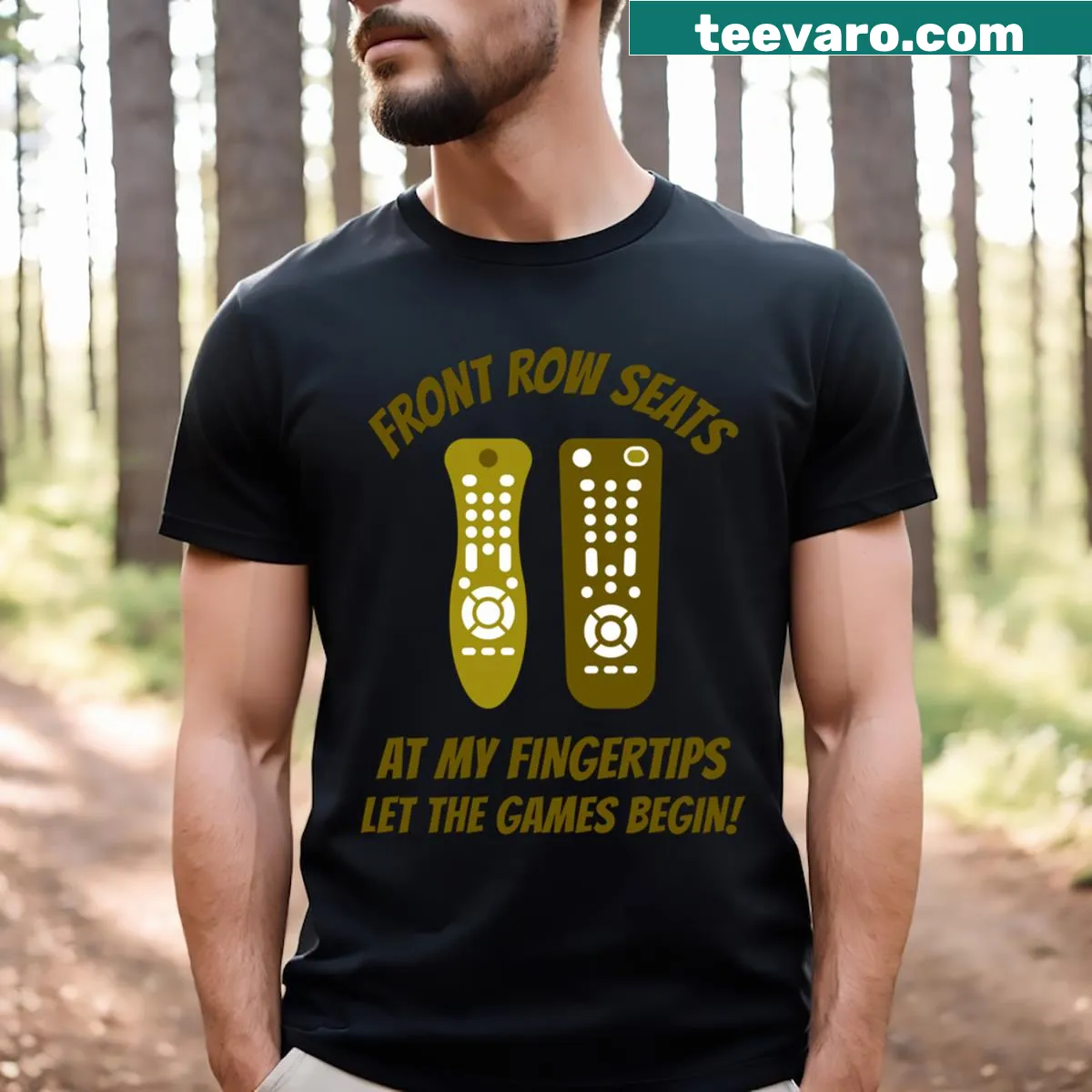 Funny Olympics T-shirt with front row seats graphic and playful text — on a men's t-shirt