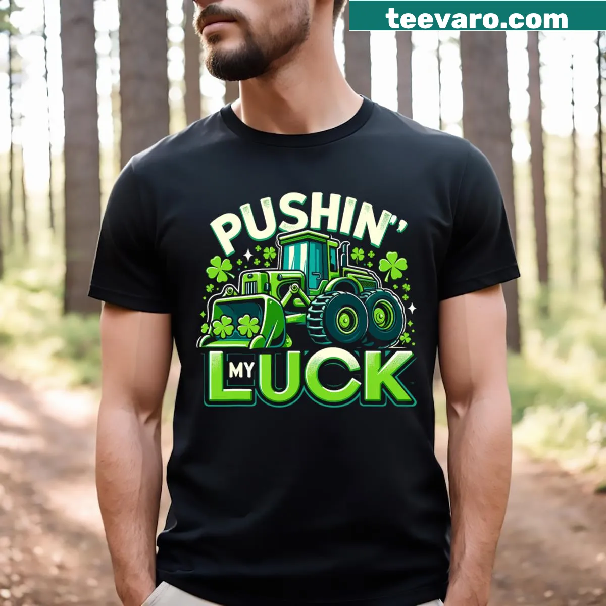 Toddler t-shirt with a tractor illustration and 'Pushin My Luck' text — on a men's t-shirt