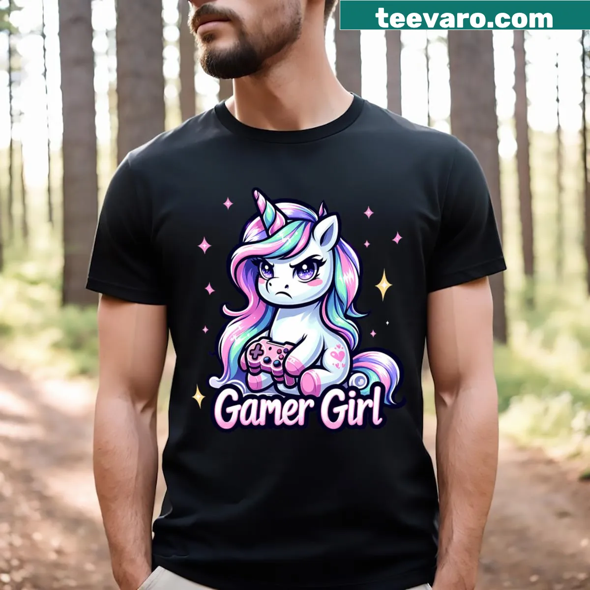 Cute gamer t-shirt with unicorn design for girls — on a men's t-shirt