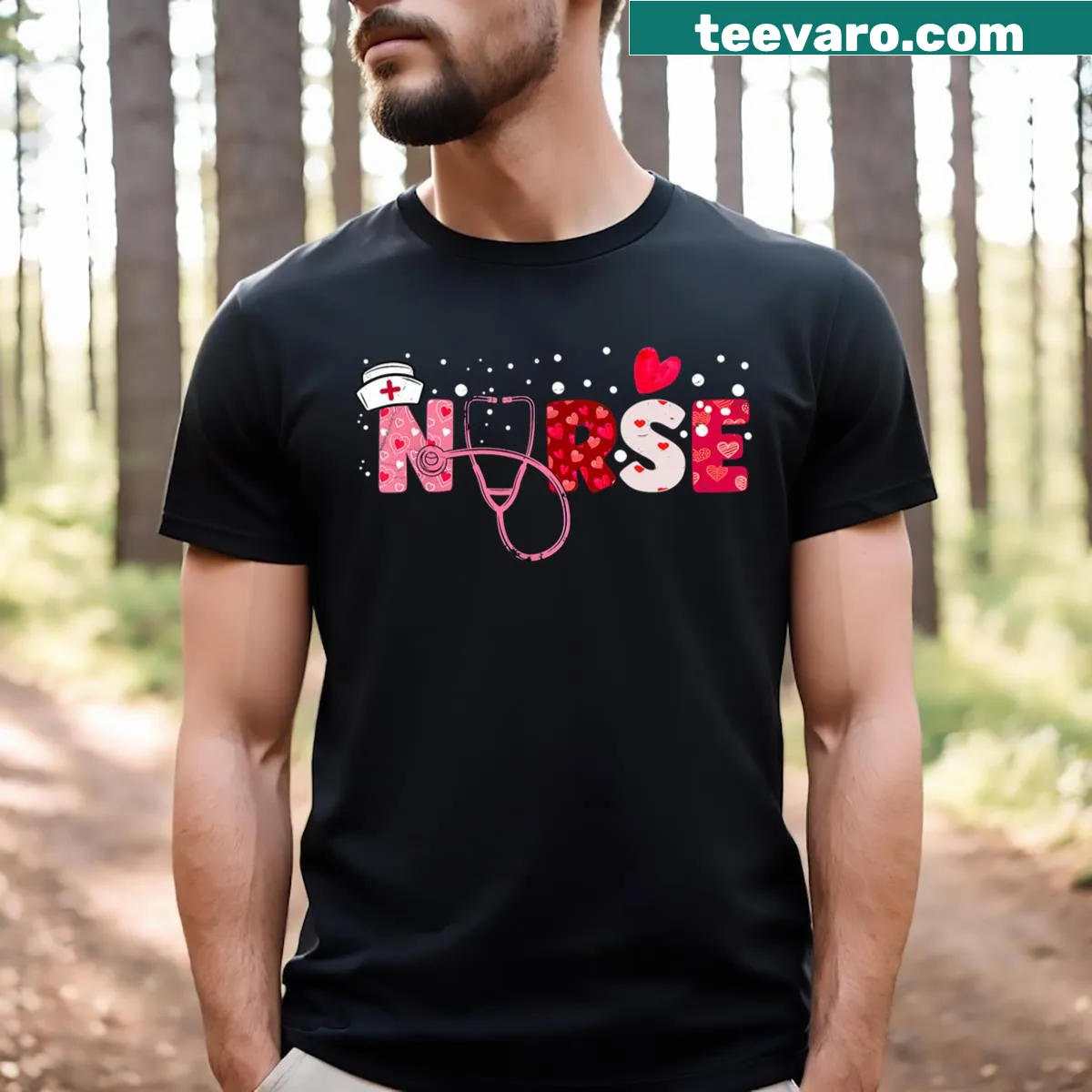 T-shirt with heart and stethoscope design for nurses — on a men's t-shirt