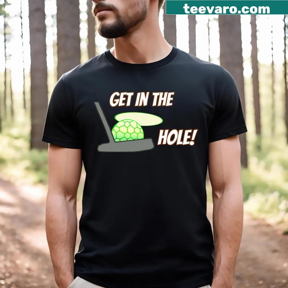 Golf t-shirt with humorous 'Get In The Hole' graphic — on a men's t-shirt