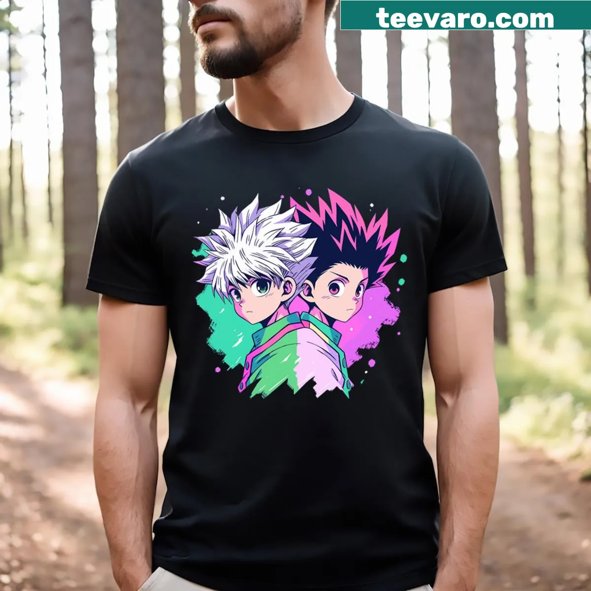Cartoon T-shirt featuring Gon and Killua from anime — on a men's t-shirt
