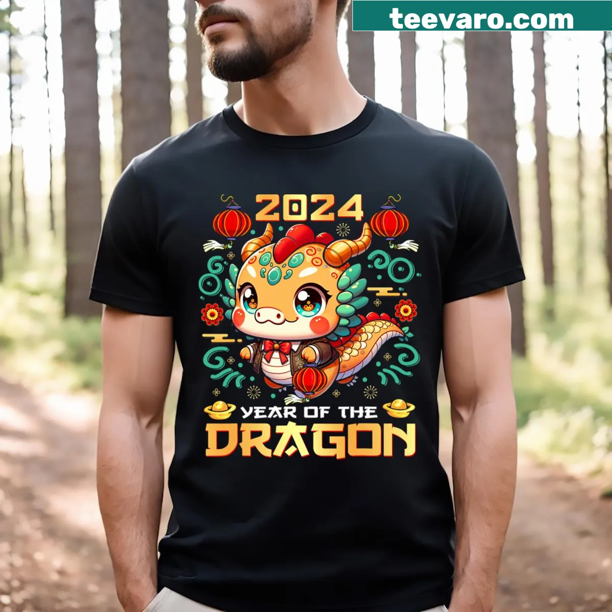 Kids t-shirt featuring a cheerful dragon for Lunar New Year — on a men's t-shirt