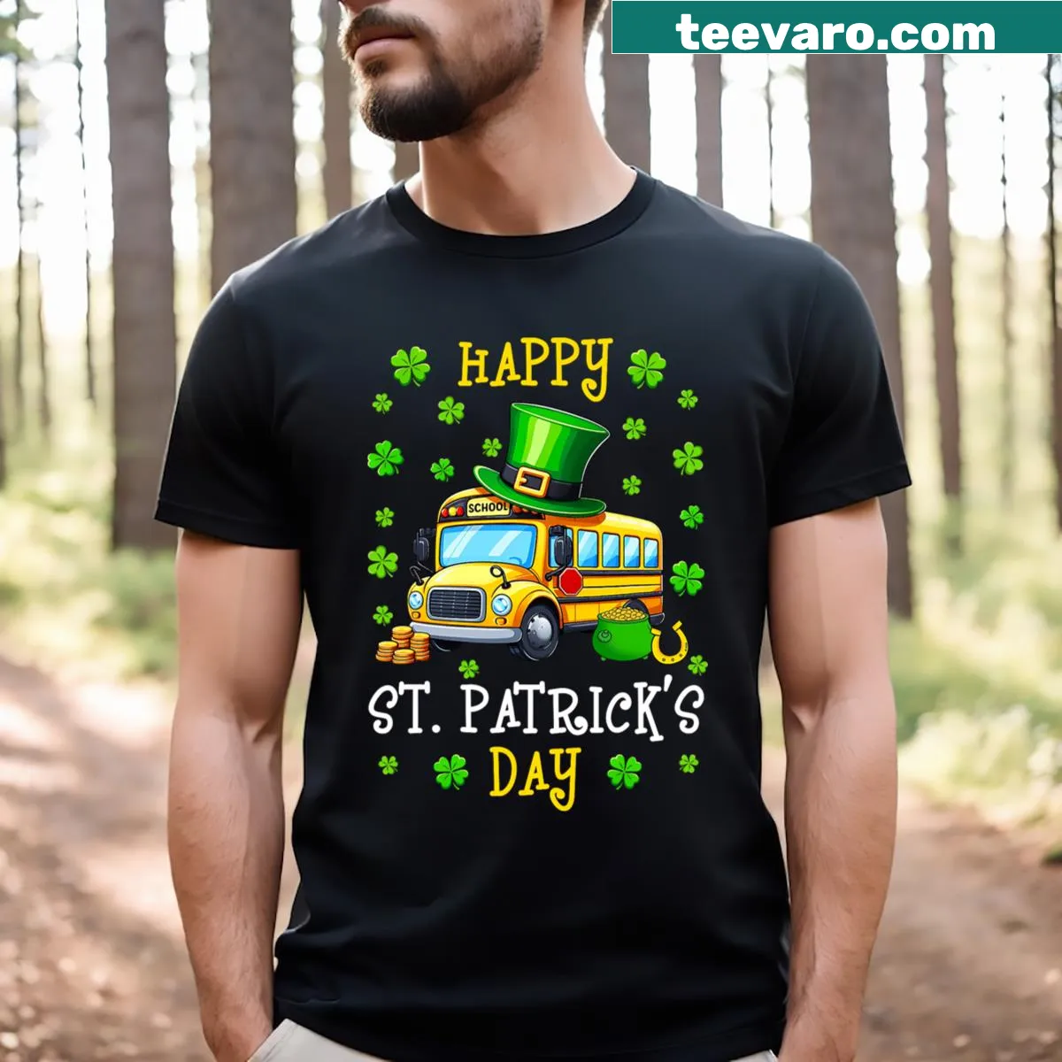 School bus graphic with shamrocks for St. Patrick's Day on t-shirt — on a men's t-shirt