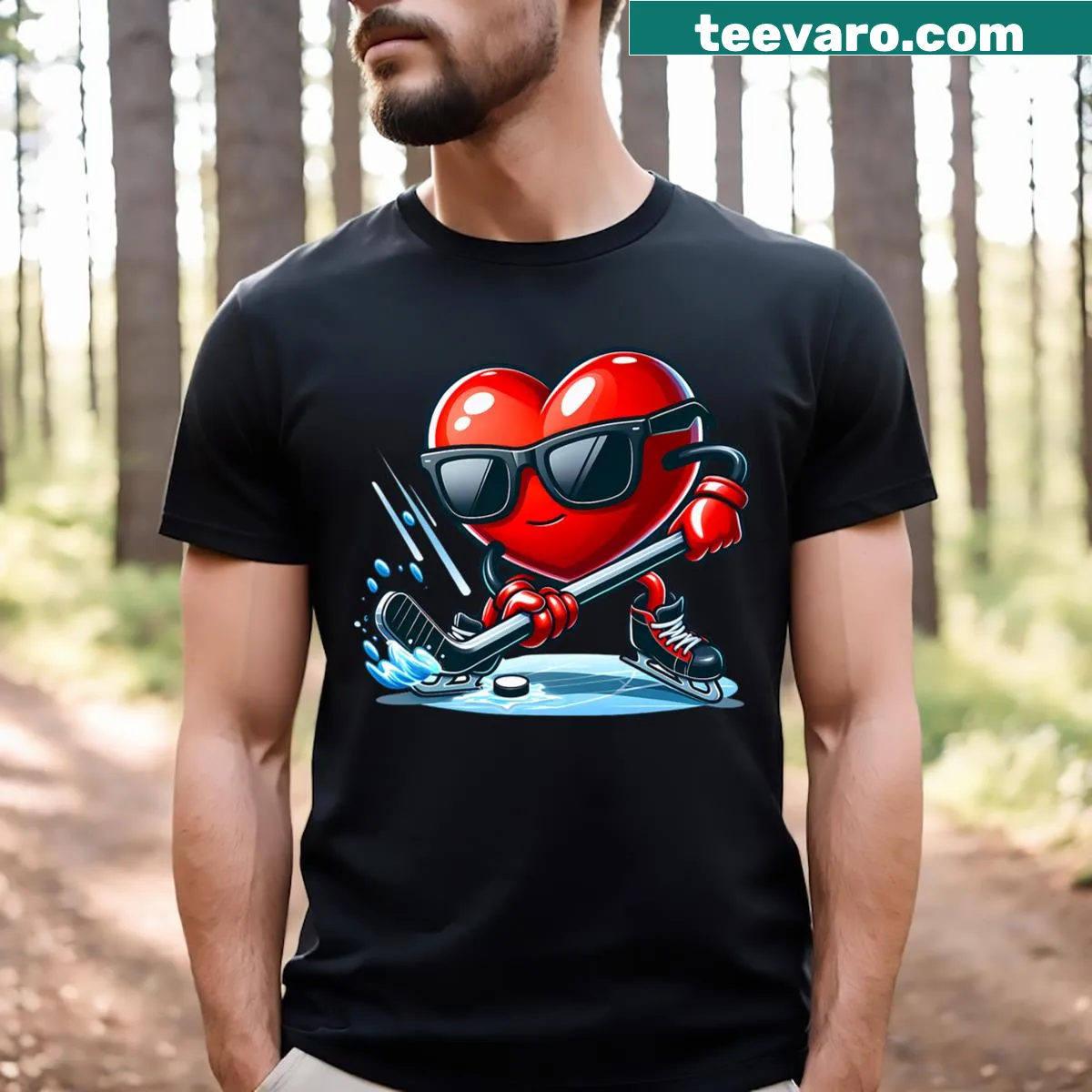 Playful hockey-themed Valentine's Day T-shirt with heart illustration — on a men's t-shirt