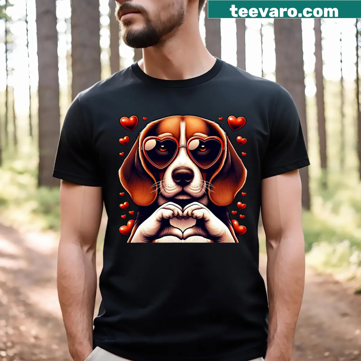 Illustration of a hand making a heart sign with a beagle on a Valentine's t-shirt — on a men's t-shirt