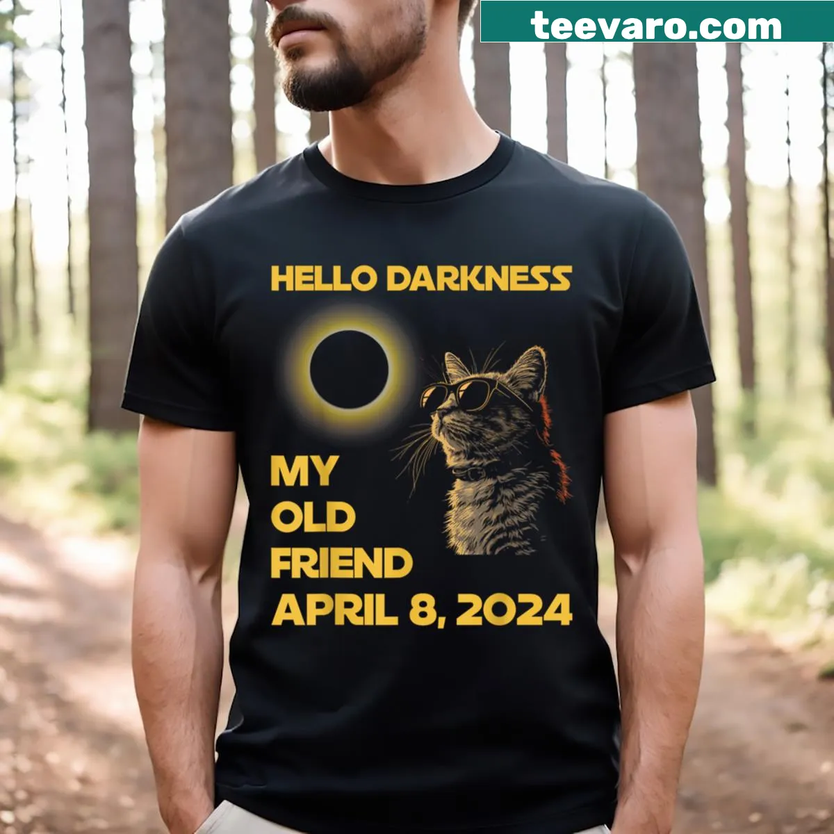 Cat solar eclipse graphic on T-shirt with humorous text — on a men's t-shirt