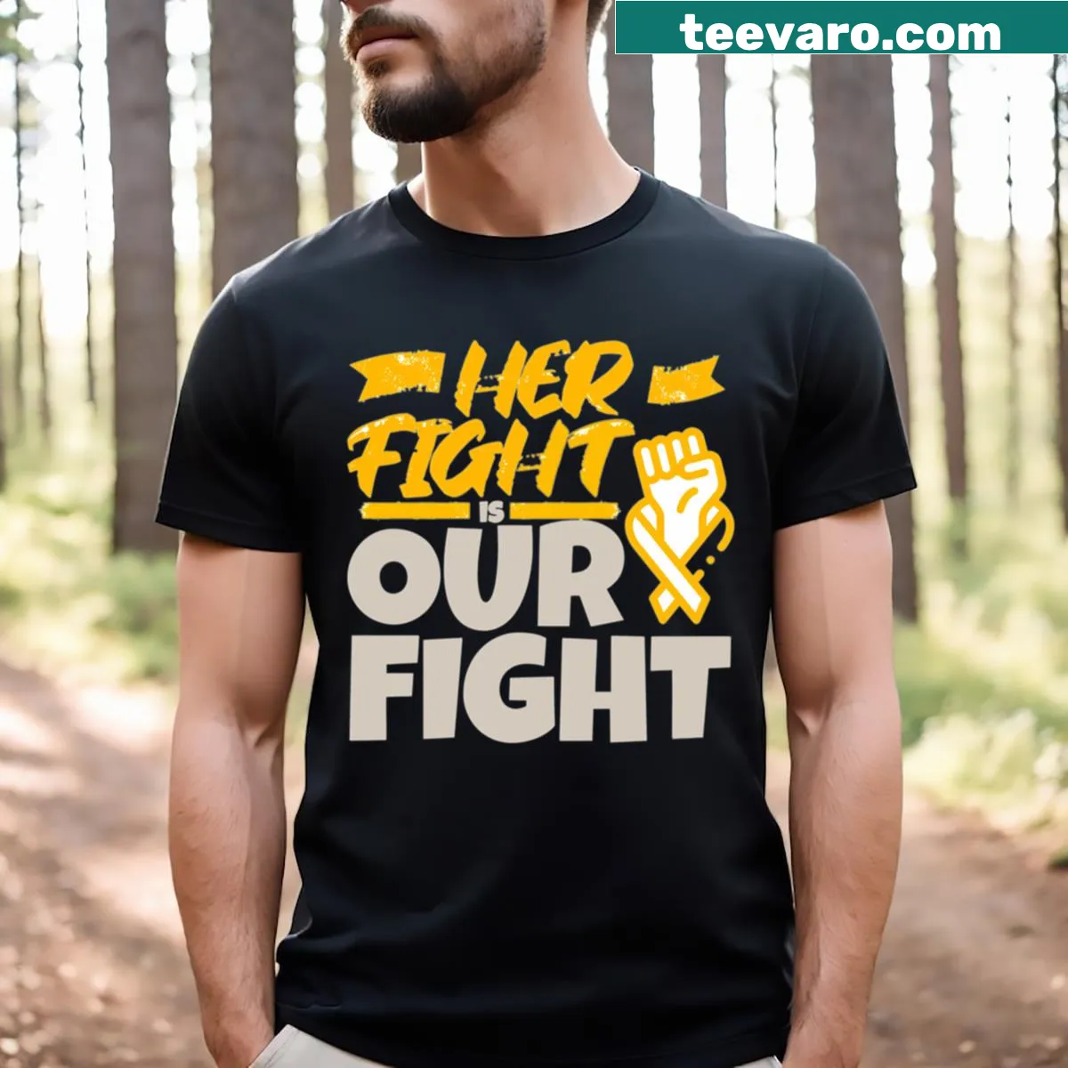 T-shirt stating 'Her Fight Is Our Fight' for cancer awareness — on a men's t-shirt