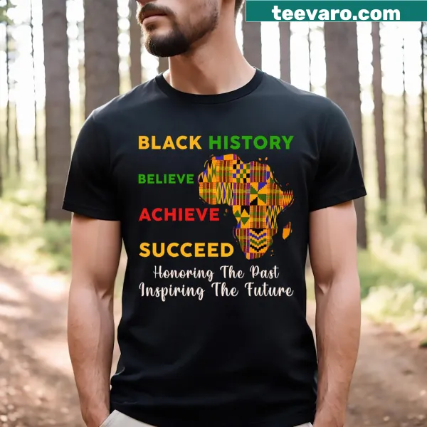 Kente pattern t-shirt honoring Black history with an inspiring message
