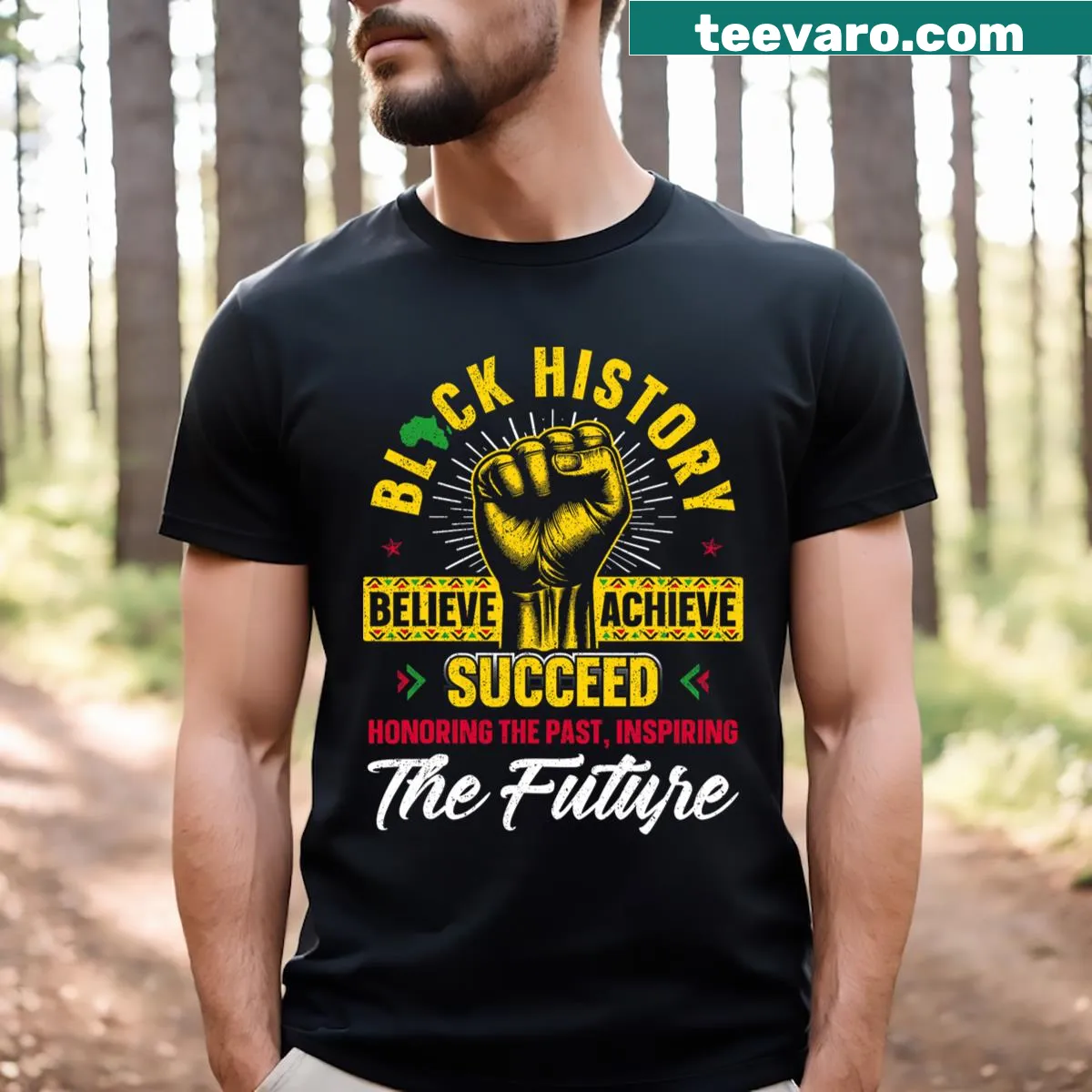 T-shirt honoring Black History Month with inspirational text — on a men's t-shirt