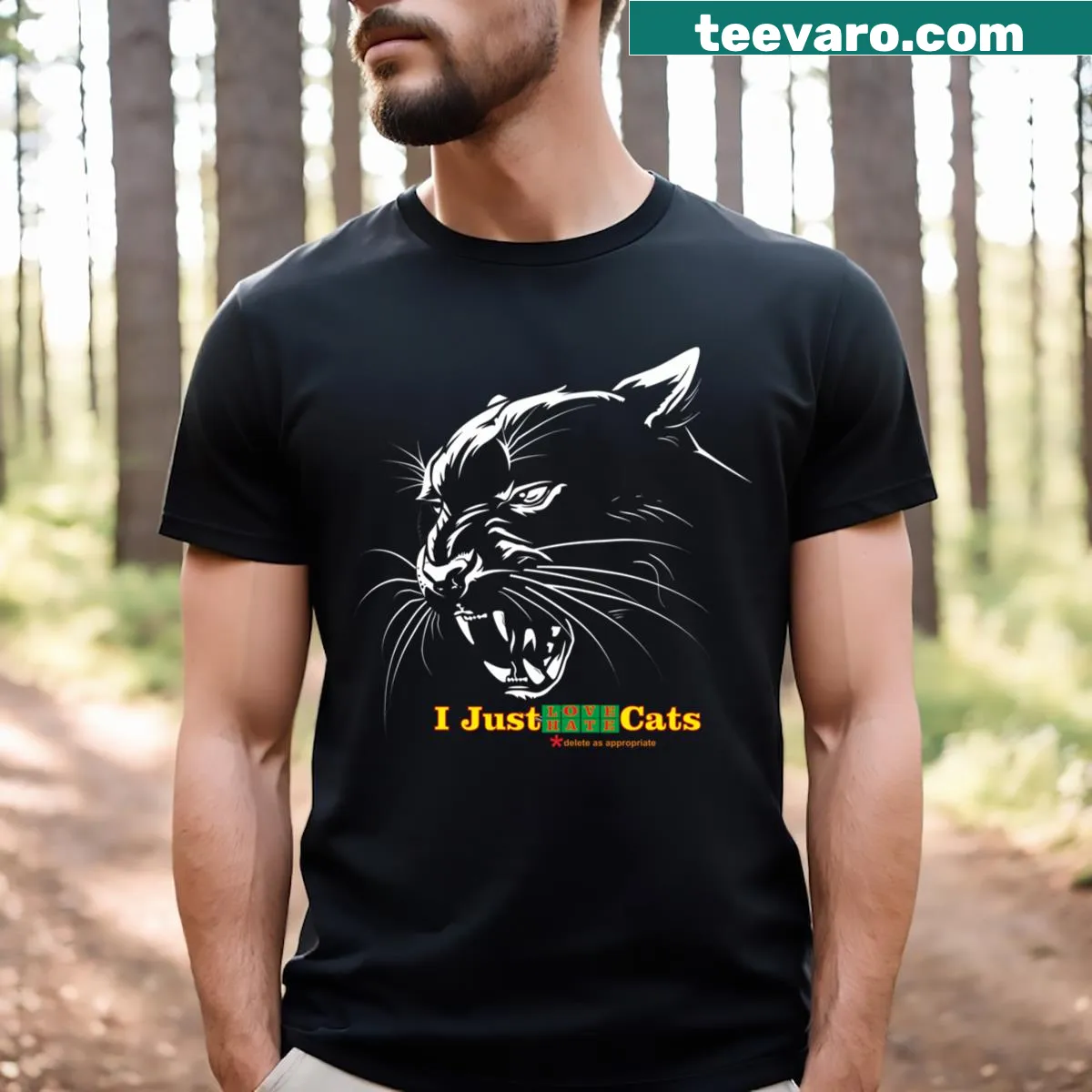 Funny love-hate cat logo design in playful typography — on a men's t-shirt