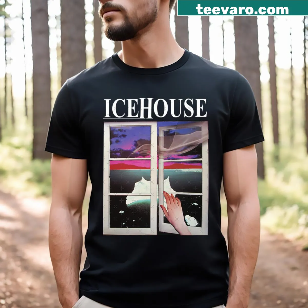 Vintage-style t-shirt featuring Icehouse band artwork — on a men's t-shirt