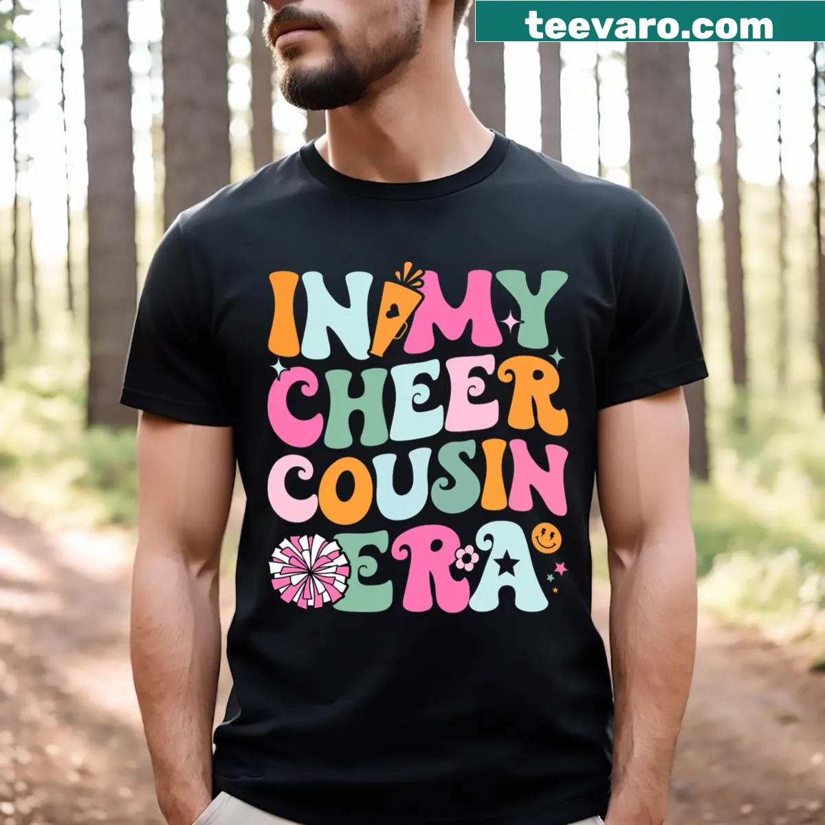 Cheerleading T-shirt with In My Cheer Cousin Era text — on a men's t-shirt