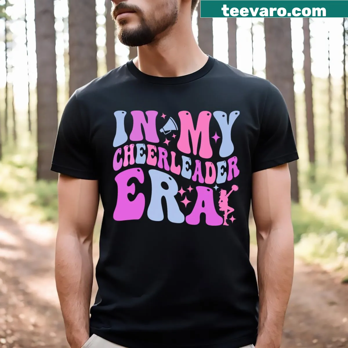 Trendy cheerleading T-shirt with bold typography — on a men's t-shirt