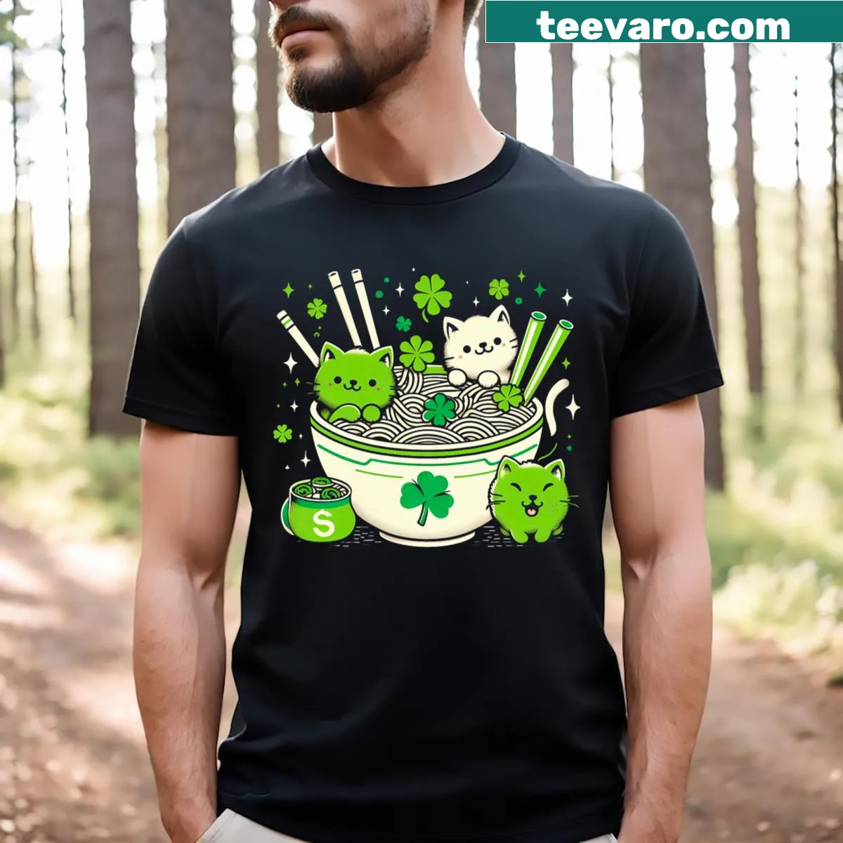 T-shirt featuring cute anime cats with ramen for St. Patrick's Day — on a men's t-shirt