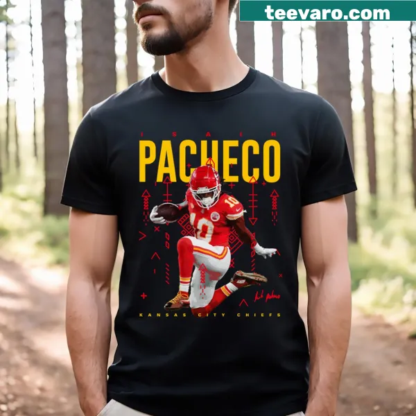 Isiah Pacheco T-shirt featuring bold graphics of the player