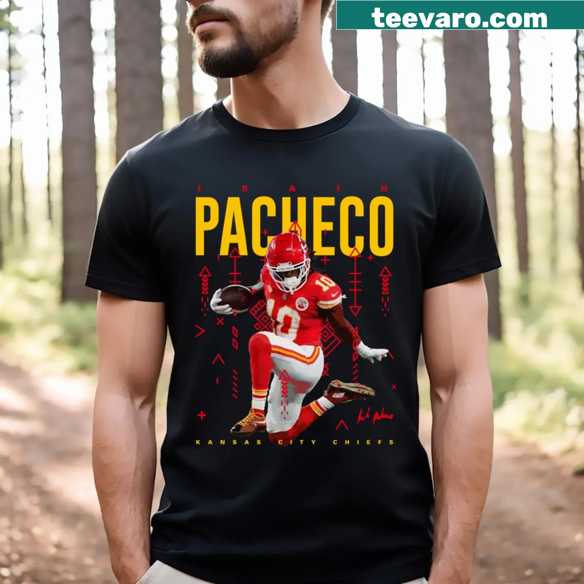 Isiah Pacheco T-shirt featuring bold graphics of the player — on a men's t-shirt