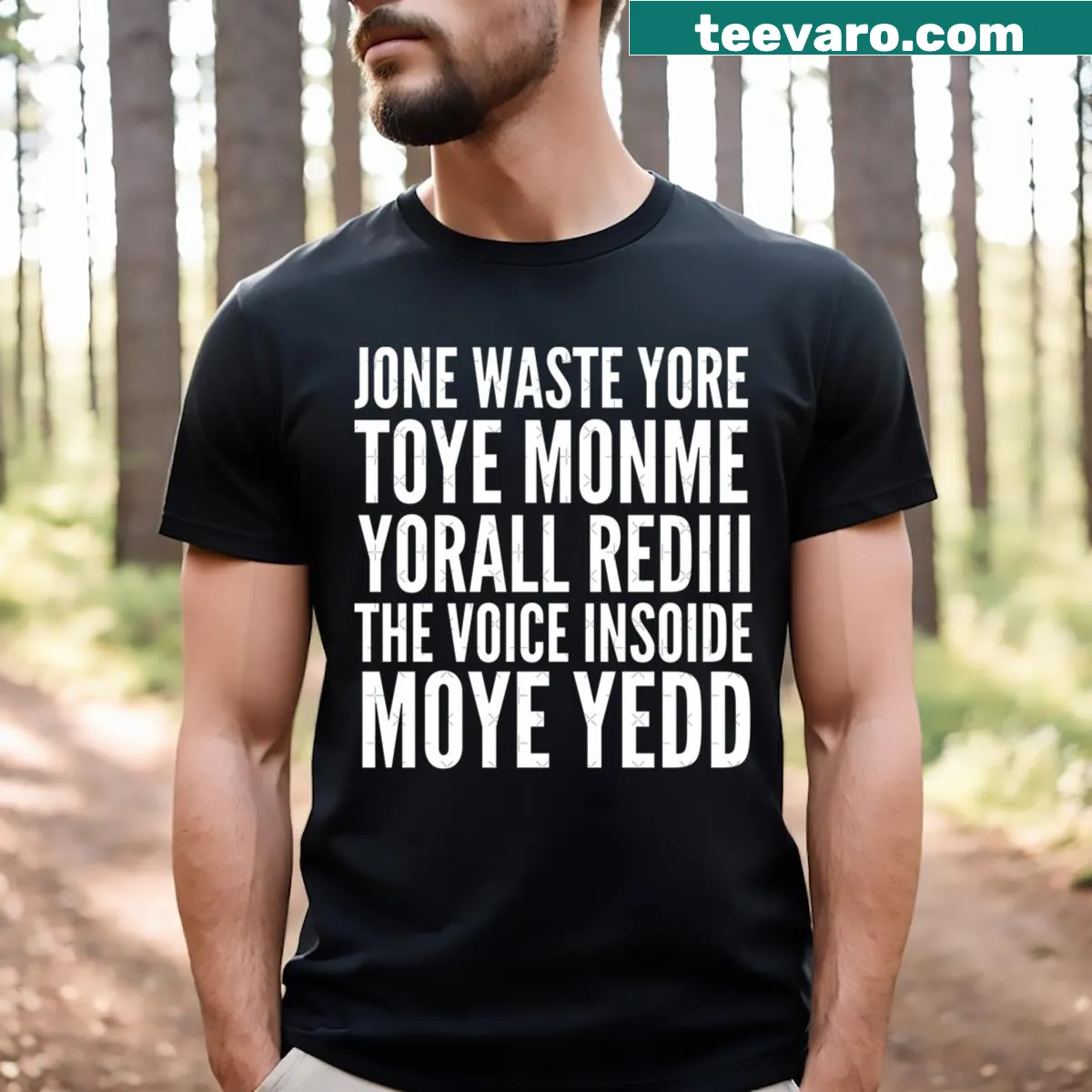 Edgy typography T-shirt with bold text design — on a men's t-shirt
