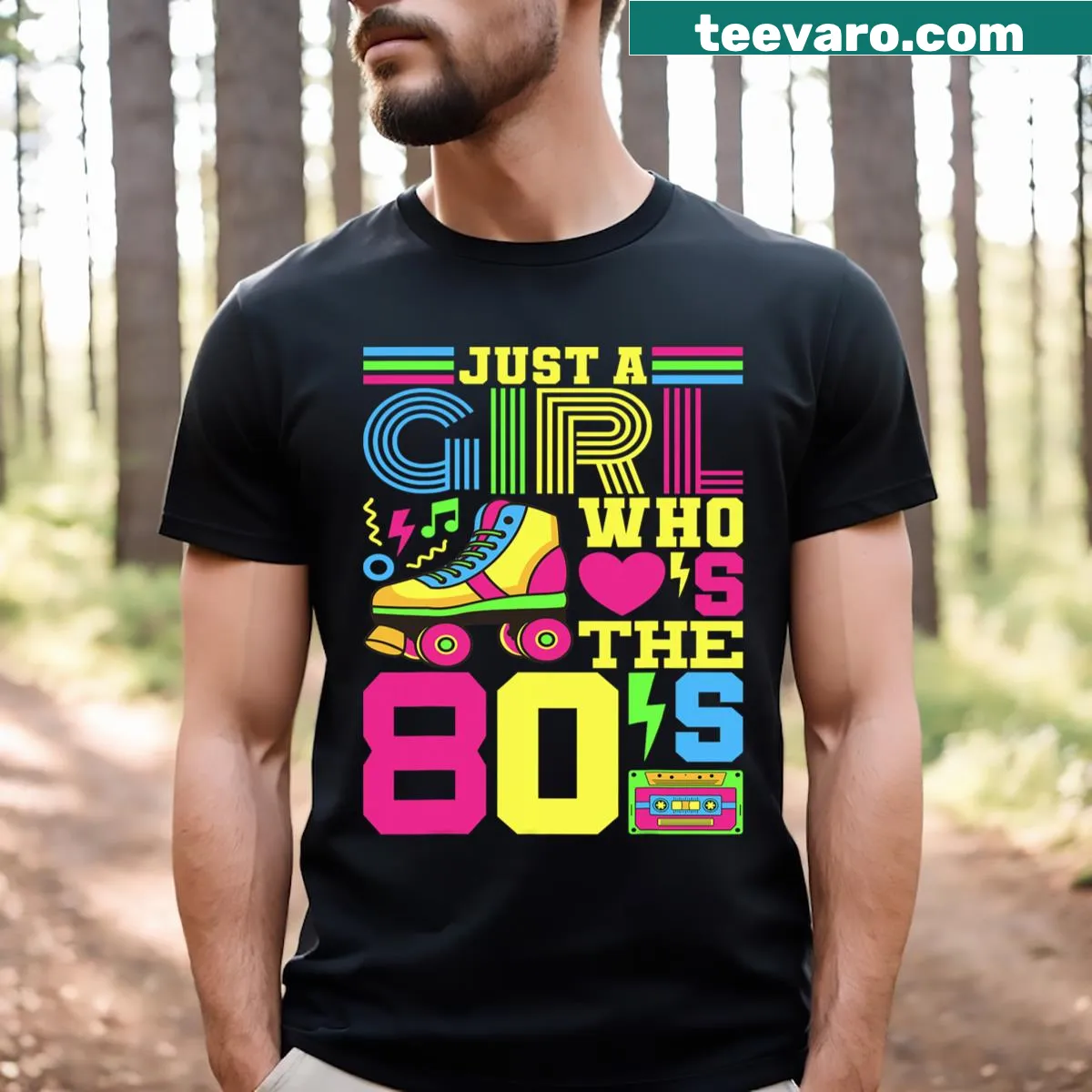 Illustrative 80s-themed T-shirt for nostalgic women — on a men's t-shirt